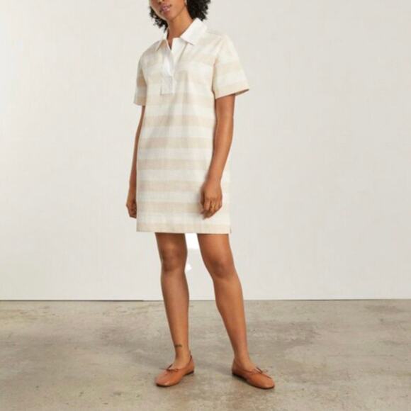 Everlane Organic Cotton Short Sleeve Polo Dress Beech Bone Tan Stripe Small NWT - Picture 1 of 9
